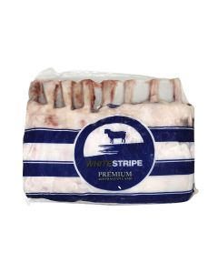 WHITE STRIPE BONE IN FRENCHED CAP ON LAMB RACK FROZEN APPROX.900GM