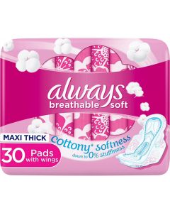 ALWAYS COTTON SOFT, LARGE SANITARY PADS WITH WINGS, 30 COUNT