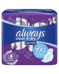 ALWAYS DRY AND COMFORT SANITARY PADS, LARGE, 10 COUNT