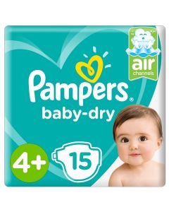 PAMPERS BABY-DRY DIAPERS,SIZE 4+, MAXI+,10-15KG,CARRY PACK,15 COUNT