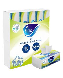 Fine Fluffy, Facial Tissues 200X2 Ply White Tissues, pack of 10 boxes, 2000 tissues