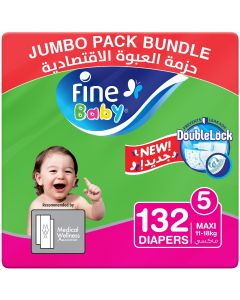 Fine Baby Diapers, Size 5, Maxi 11–18kg, Jumbo Pack, 3 packs of 44 diapers, 132 total count
