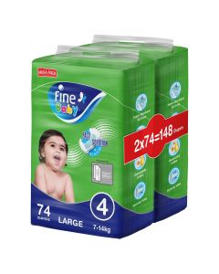 Fine Baby Diapers, Size 4, Large 7 to 14kg, Mega Pack, 2 packs of 74 diapers, 148 total count