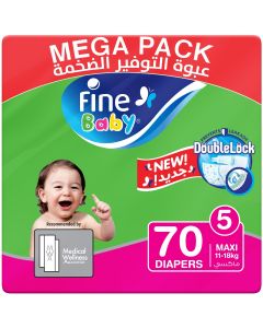 Fine Baby Diapers, DoubleLock Technology, Size 5, Maxi 11-18kg, Mega Pack, 70 Diapers
