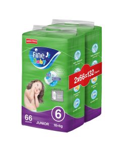 Fine Baby Diapers, Size 6, Junior 16+ kg, Mega Pack, 2 packs of 66 diapers, 132 total count