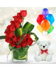 Red Roses & White Rose In A Vase, Teddy & Balloons