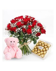 Bunch Of Roses, Chocolate & Teddy